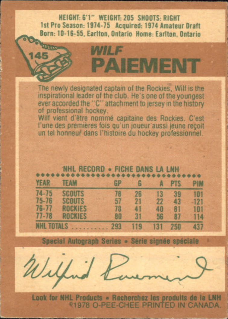 1978-79 O-Pee-Chee #145 Wilf Paiement back image