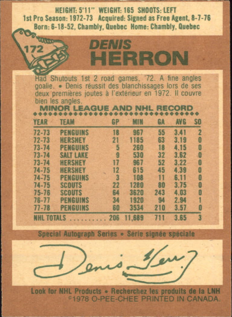 1978-79 O-Pee-Chee #172 Denis Herron back image
