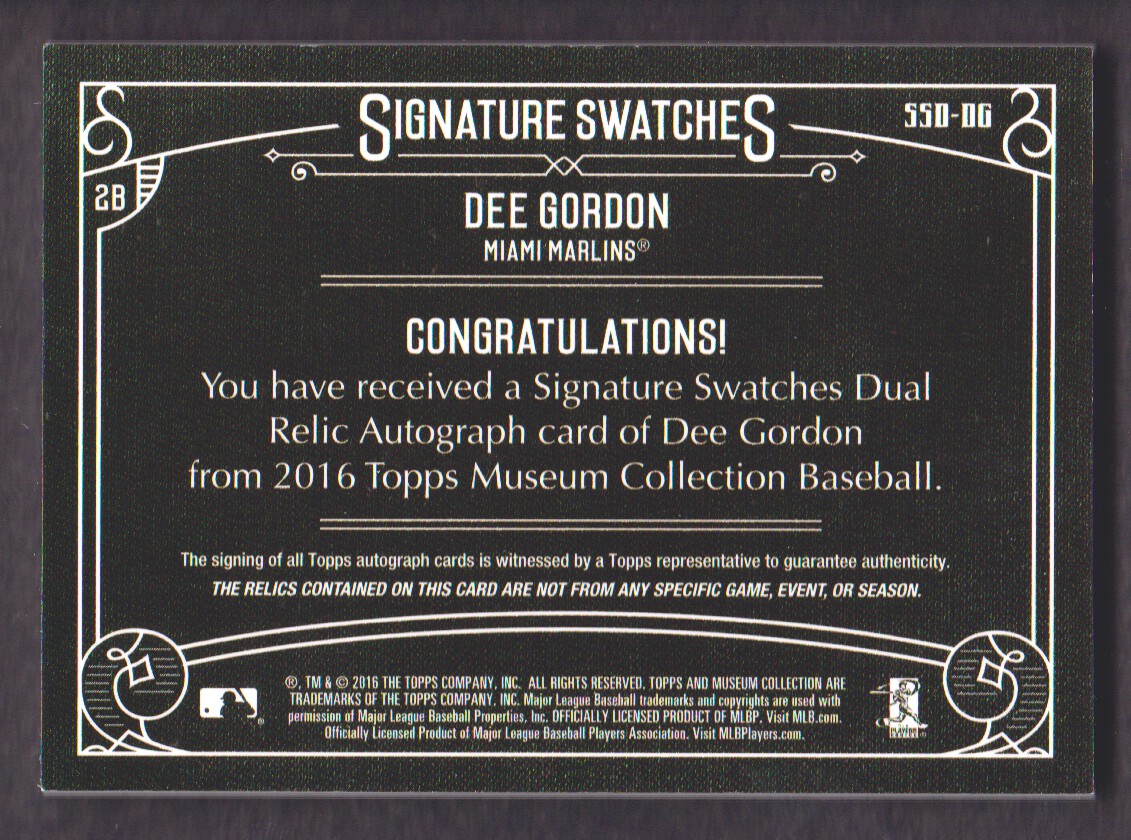 2016 Topps Museum Collection Signature Swatches Dual Relic Autographs #SSDDG Dee Gordon/299 back image
