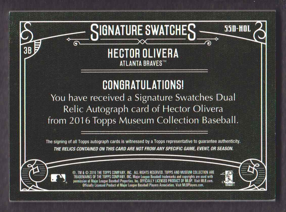 2016 Topps Museum Collection Signature Swatches Dual Relic Autographs #SSDHOL Hector Olivera/249 back image