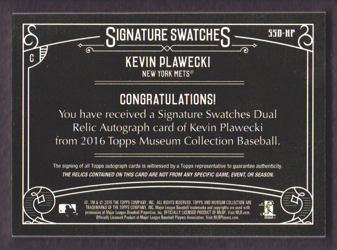 2016 Topps Museum Collection Signature Swatches Dual Relic Autographs #SSDKP Kevin Plawecki/399 back image