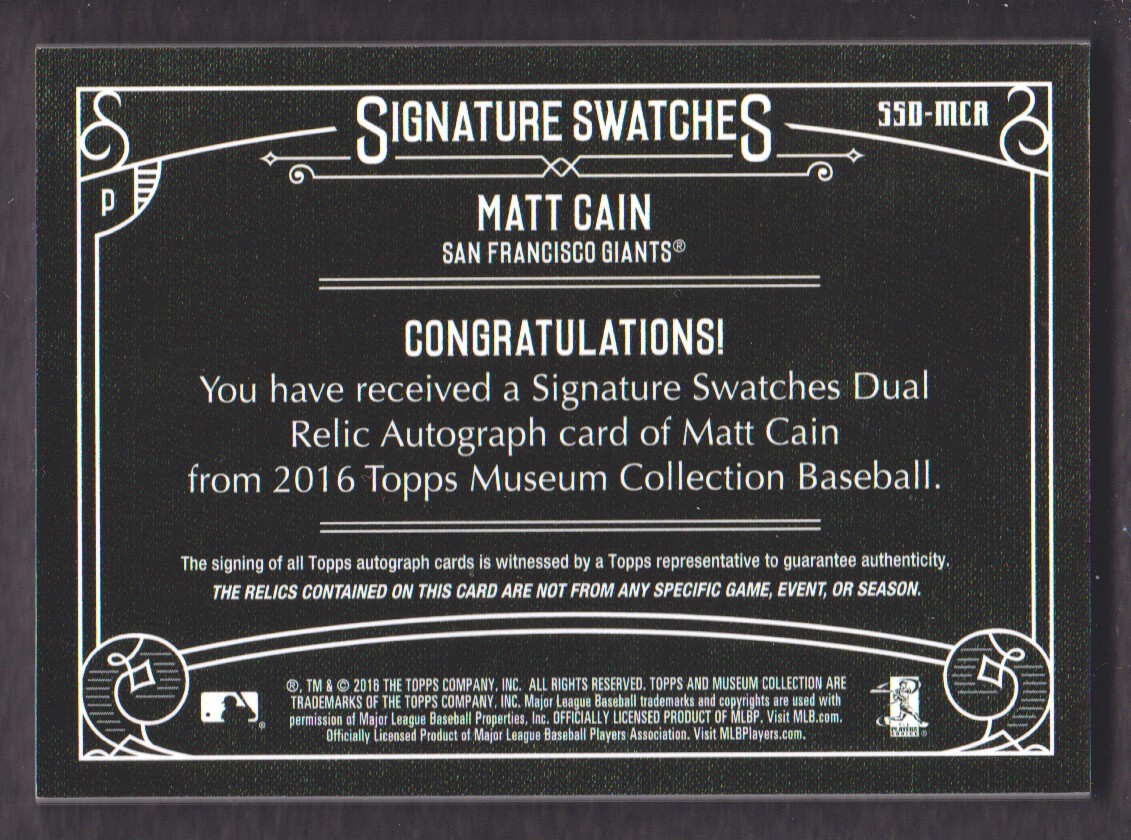 2016 Topps Museum Collection Signature Swatches Dual Relic Autographs #SSDMCA Matt Cain/99 back image