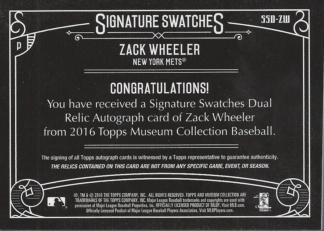 2016 Topps Museum Collection Signature Swatches Dual Relic Autographs #SSDZW Zack Wheeler/299 back image