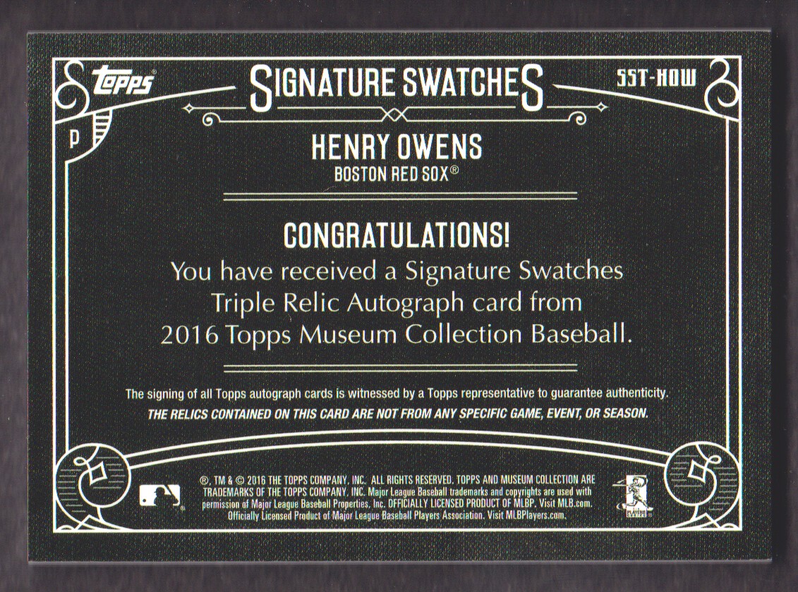 2016 Topps Museum Collection Signature Swatches Triple Relic Autographs #SSTHOW Henry Owens/299 back image