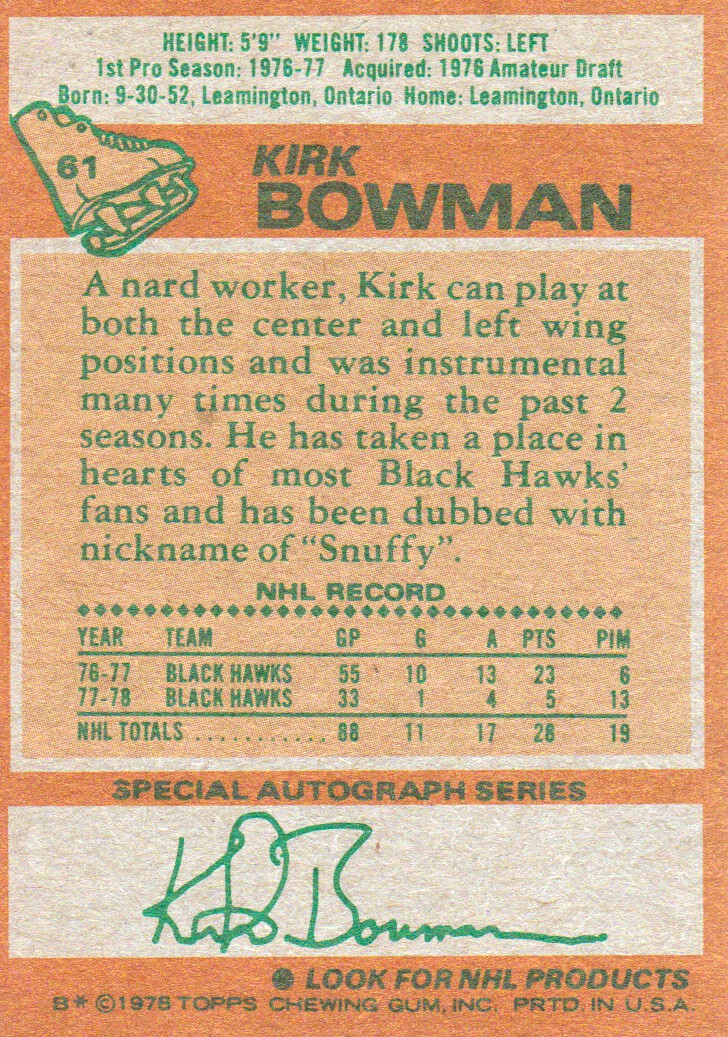 1978-79 Topps #61 Kirk Bowman back image