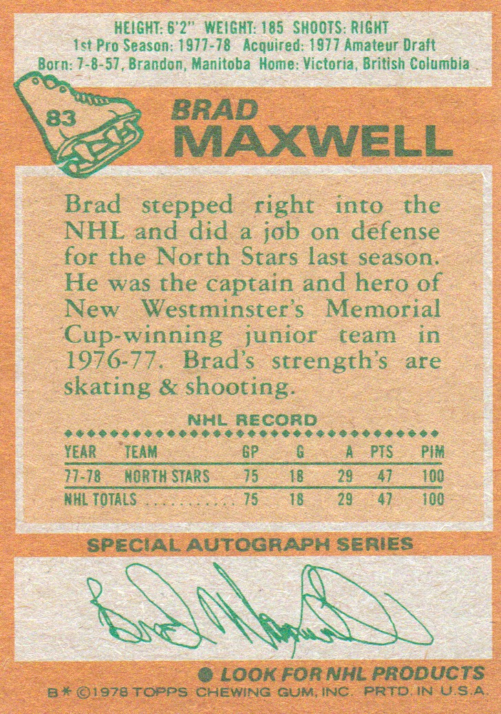 1978-79 Topps #83 Brad Maxwell RC back image