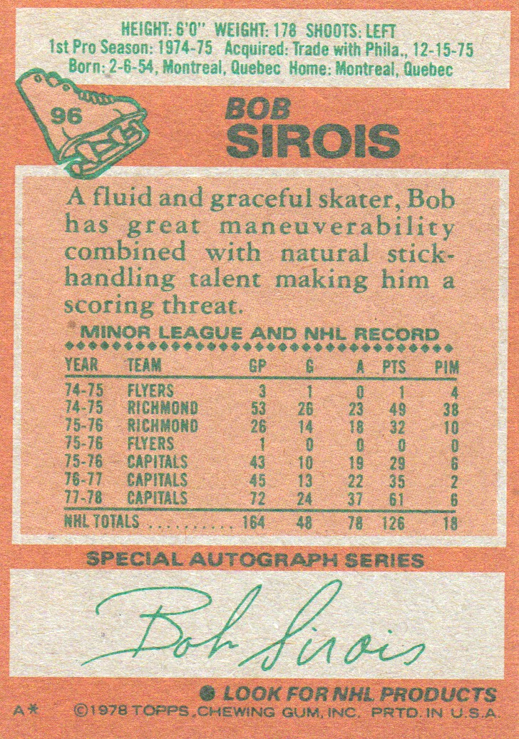 1978-79 Topps #96 Bob Sirois back image