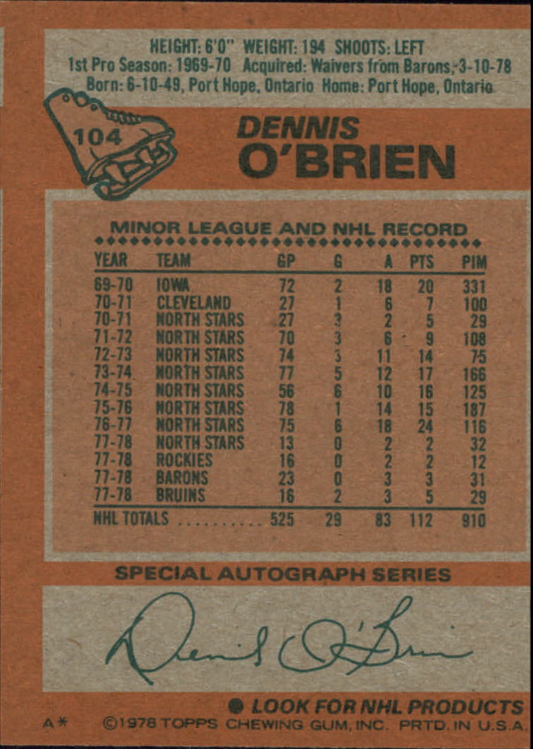 1978-79 Topps #104 Dennis O'Brien back image