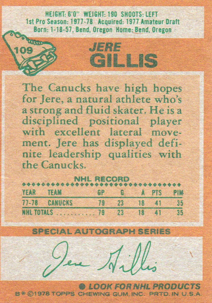 1978-79 Topps #109 Jere Gillis RC back image