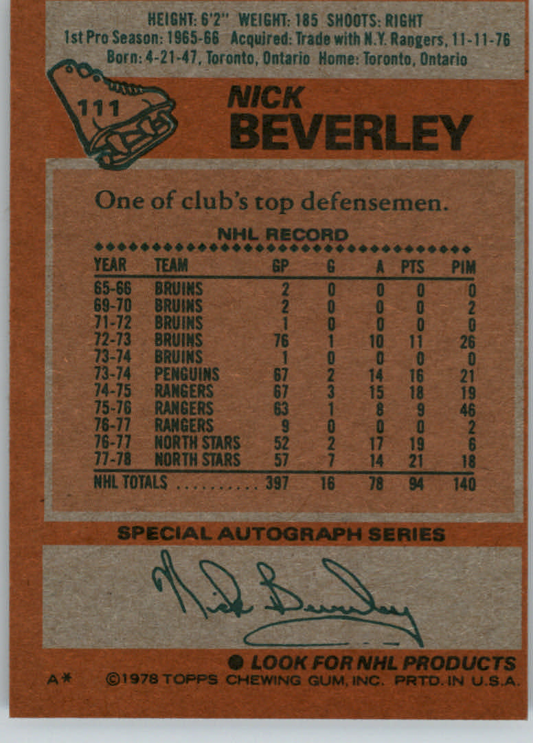 1978-79 Topps #111 Nick Beverley back image