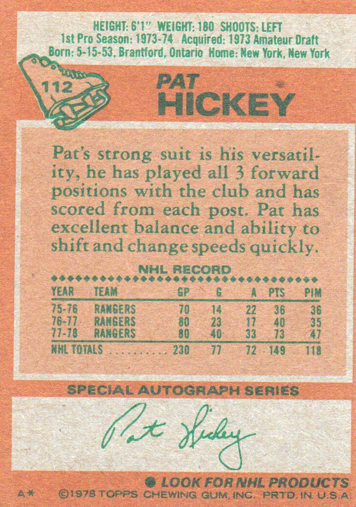 1978-79 Topps #112 Pat Hickey back image