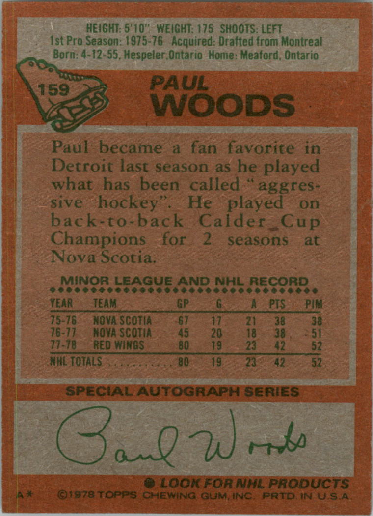 1978-79 Topps #159 Paul Woods RC back image