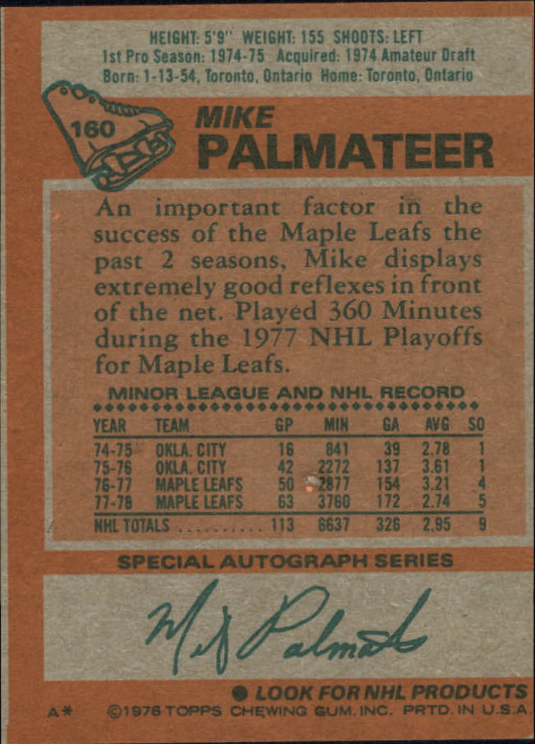1978-79 Topps #160 Mike Palmateer back image