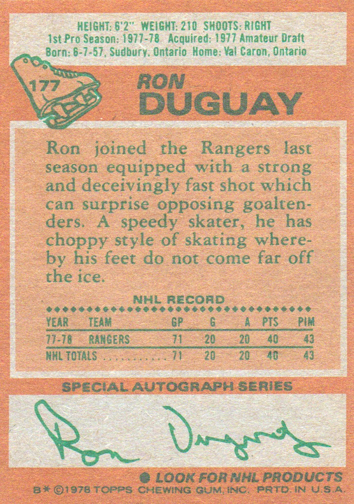 1978-79 Topps #177 Ron Duguay RC back image