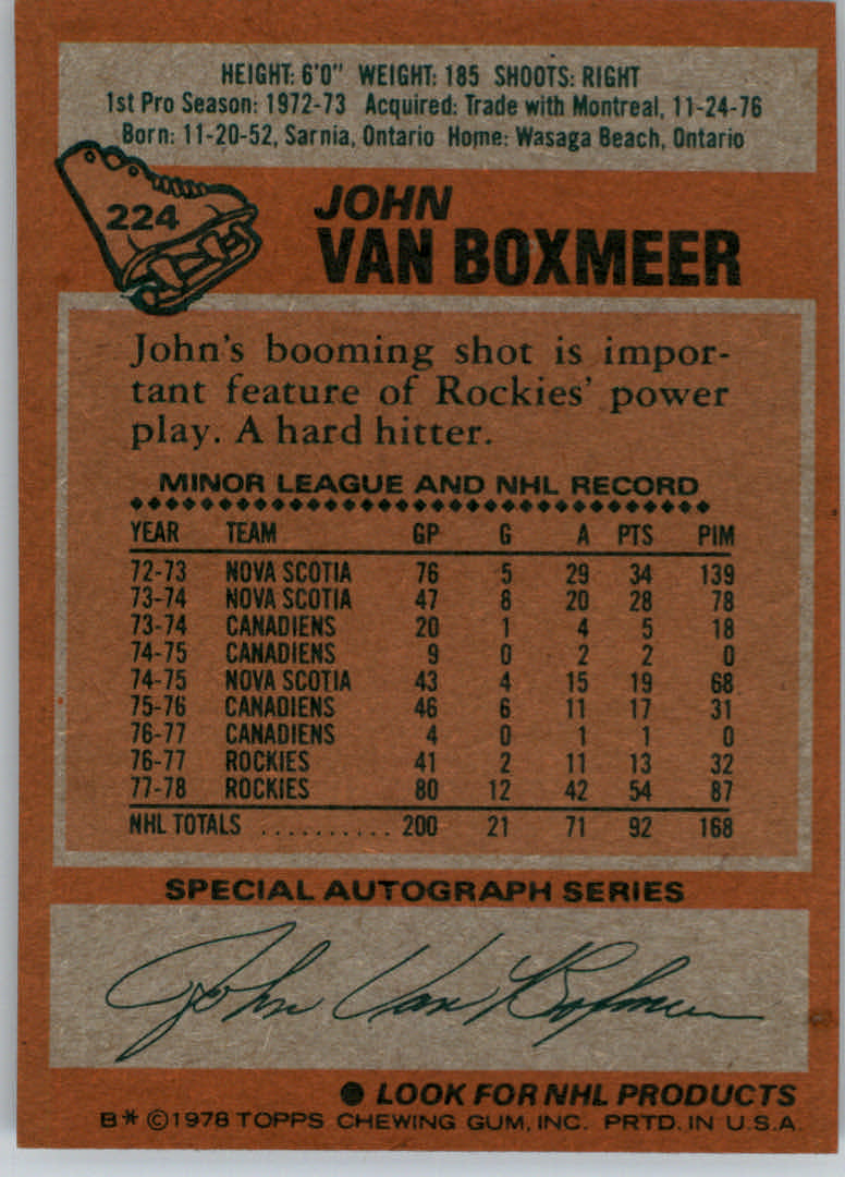 1978-79 Topps #224 John Van Boxmeer back image