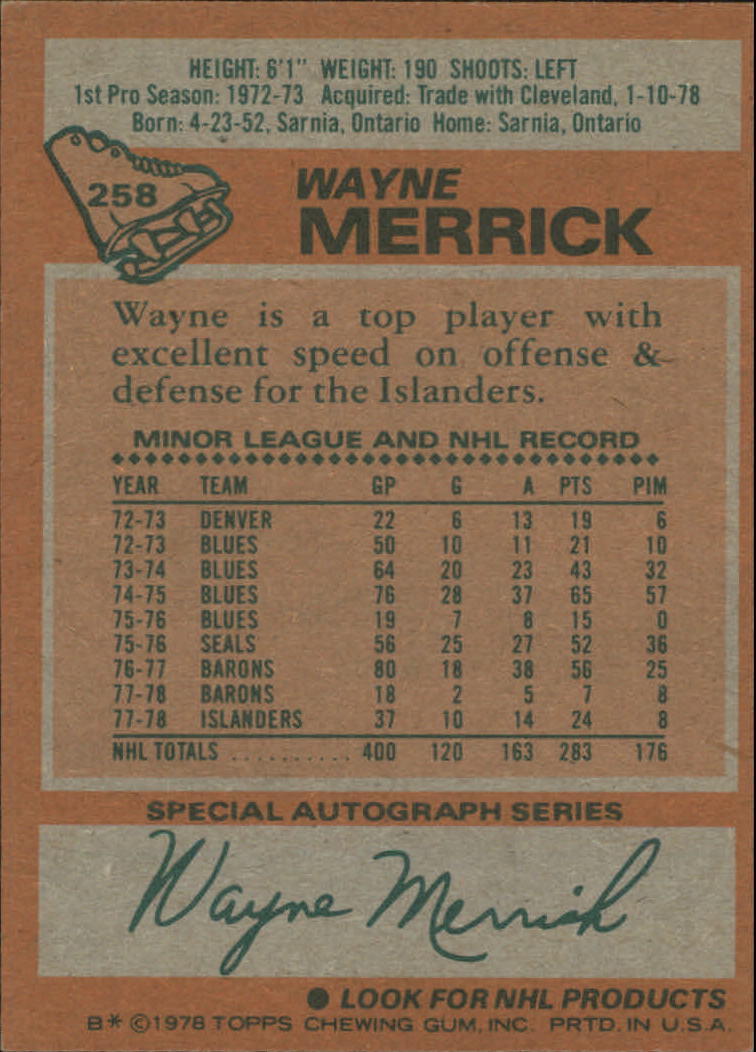 1978-79 Topps #258 Wayne Merrick back image
