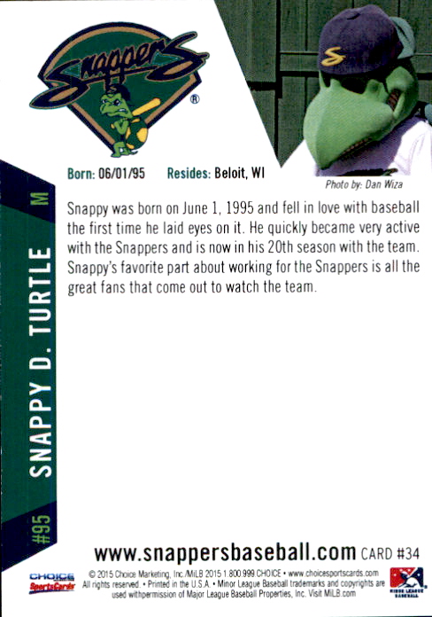 2015 Beloit Snappers Choice #34 Snappy D. Turtle/Mascot back image