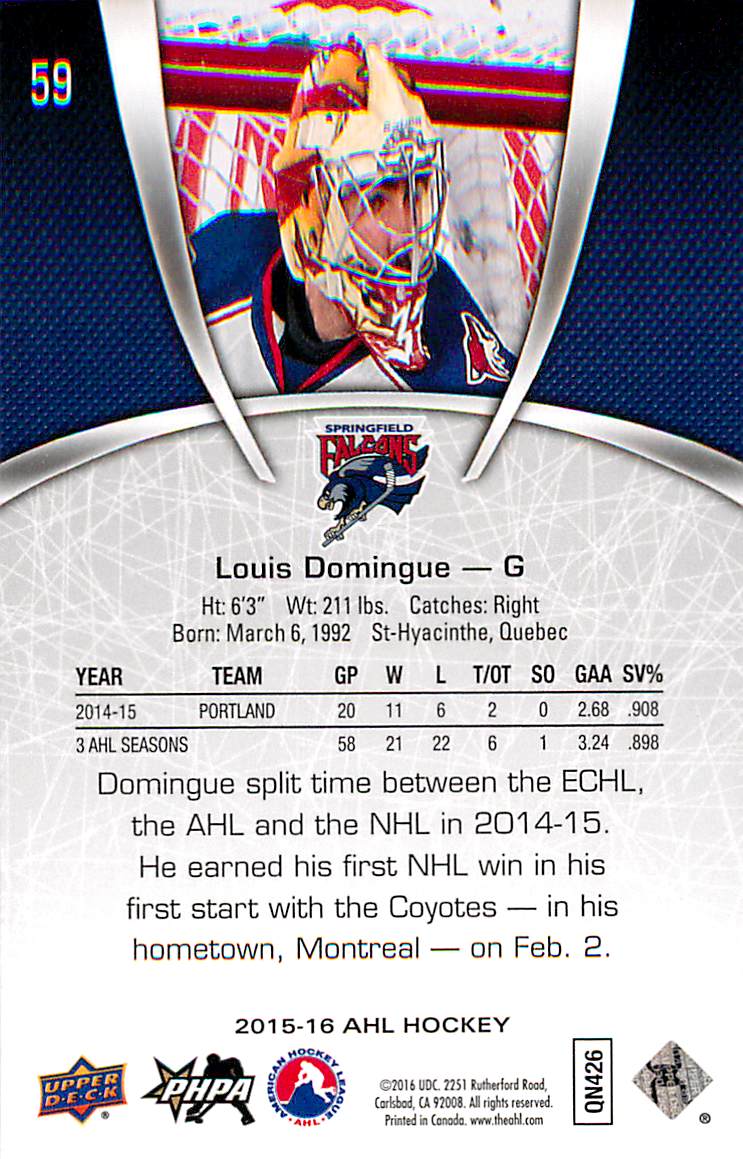 2015-16 Upper Deck AHL #59 Louis Domingue back image