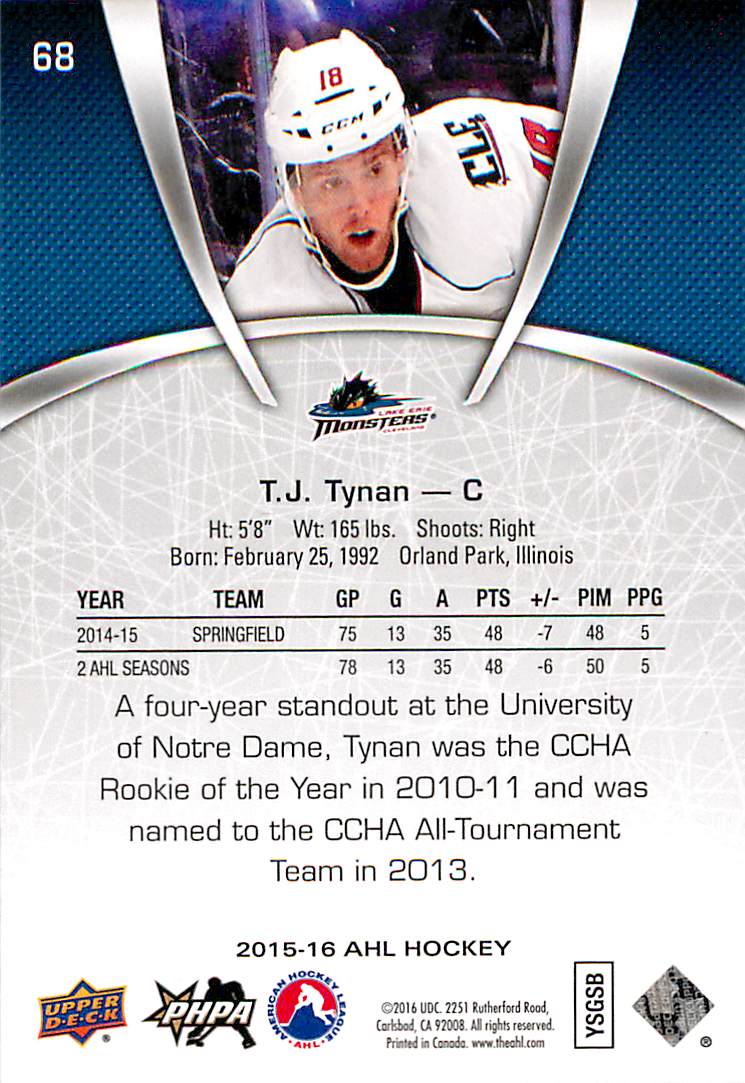 2015-16 Upper Deck AHL #68 T.J. Tynan back image