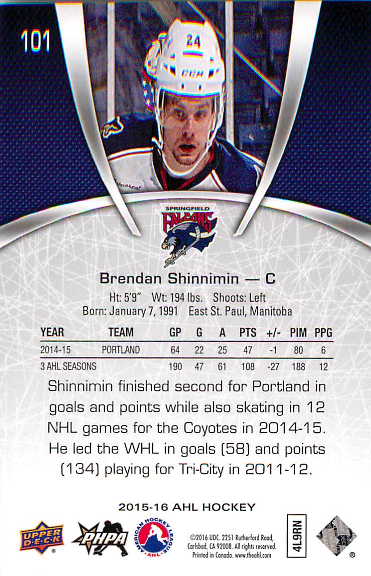 2015-16 Upper Deck AHL #101 Brendan Shinnimin back image