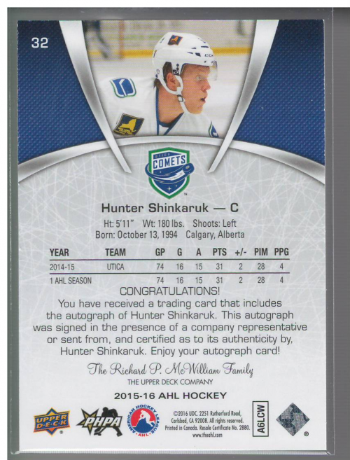 2015-16 Upper Deck AHL Autographs #32 Hunter Shinkaruk back image