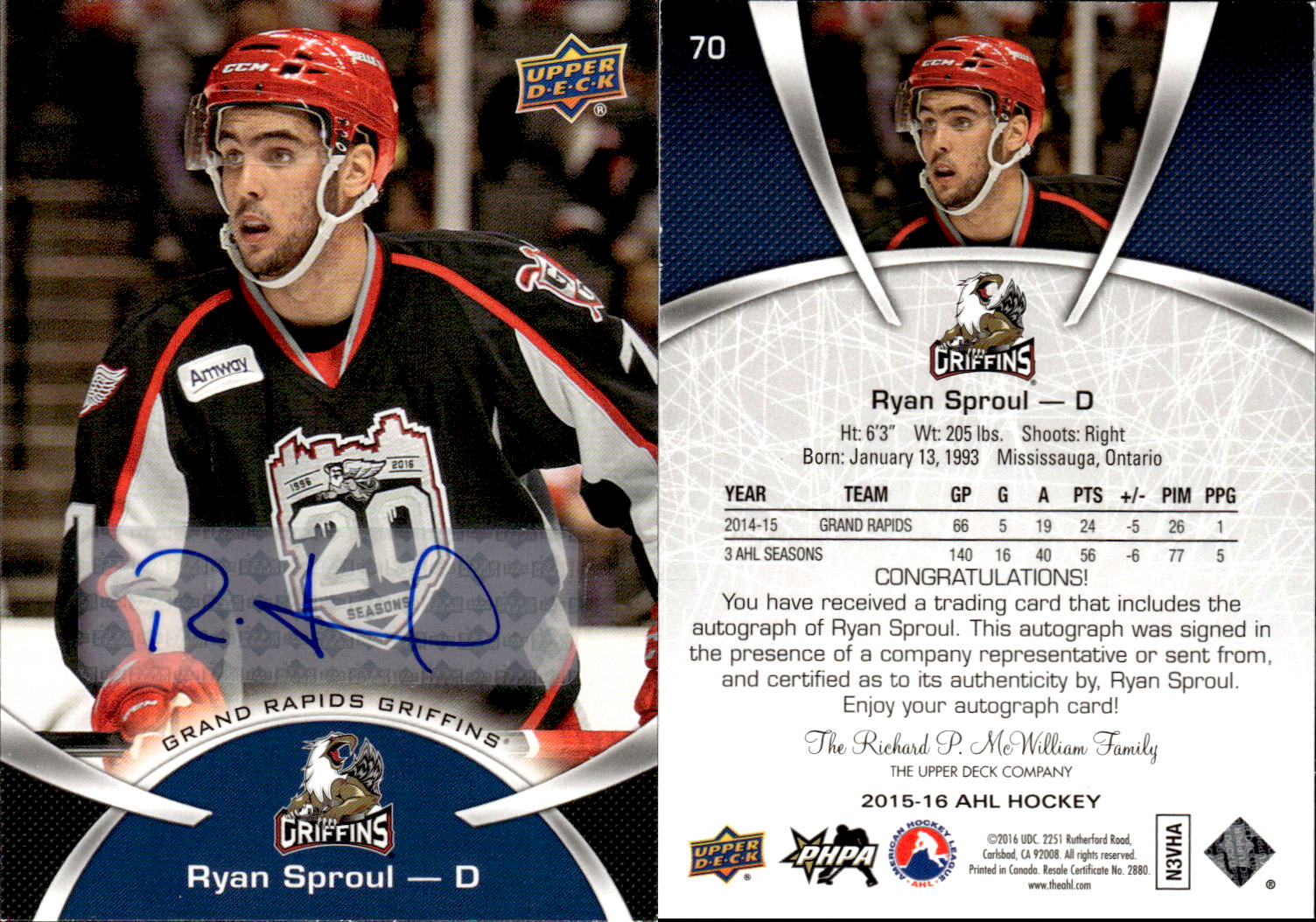 2015-16 Upper Deck AHL Autographs #70 Ryan Sproul