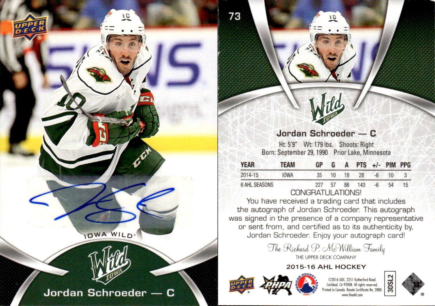 2015-16 Upper Deck AHL Autographs #73 Jordan Schroeder