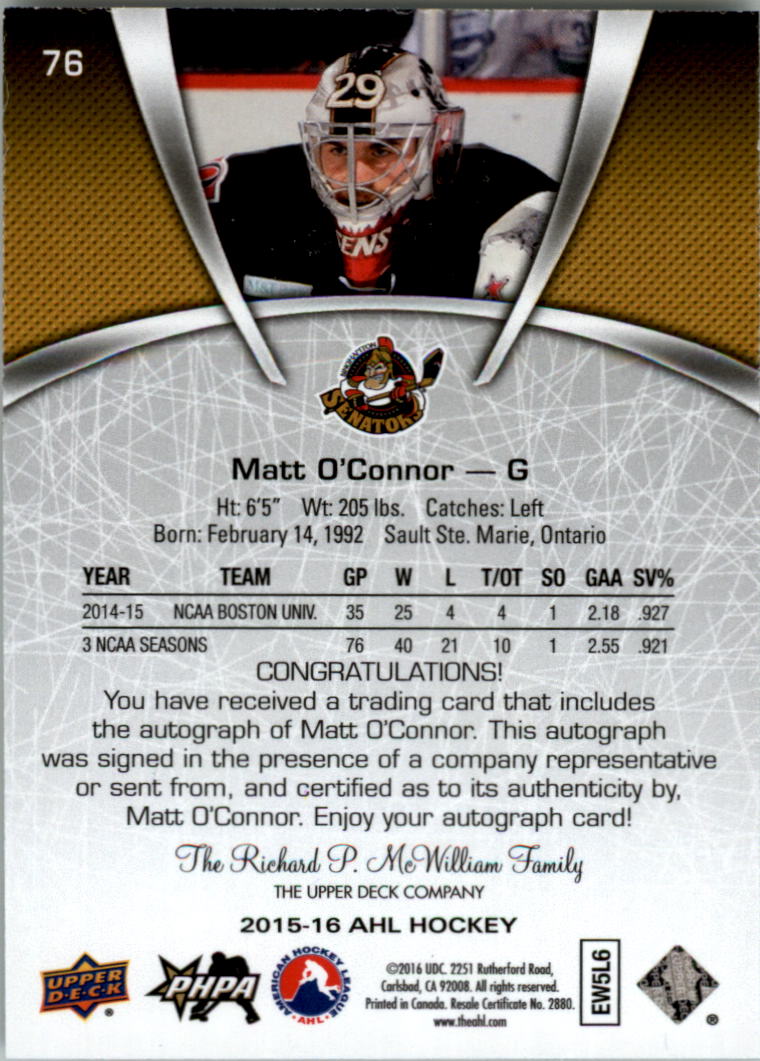 2015-16 Upper Deck AHL Autographs #76 Matt O'Connor back image