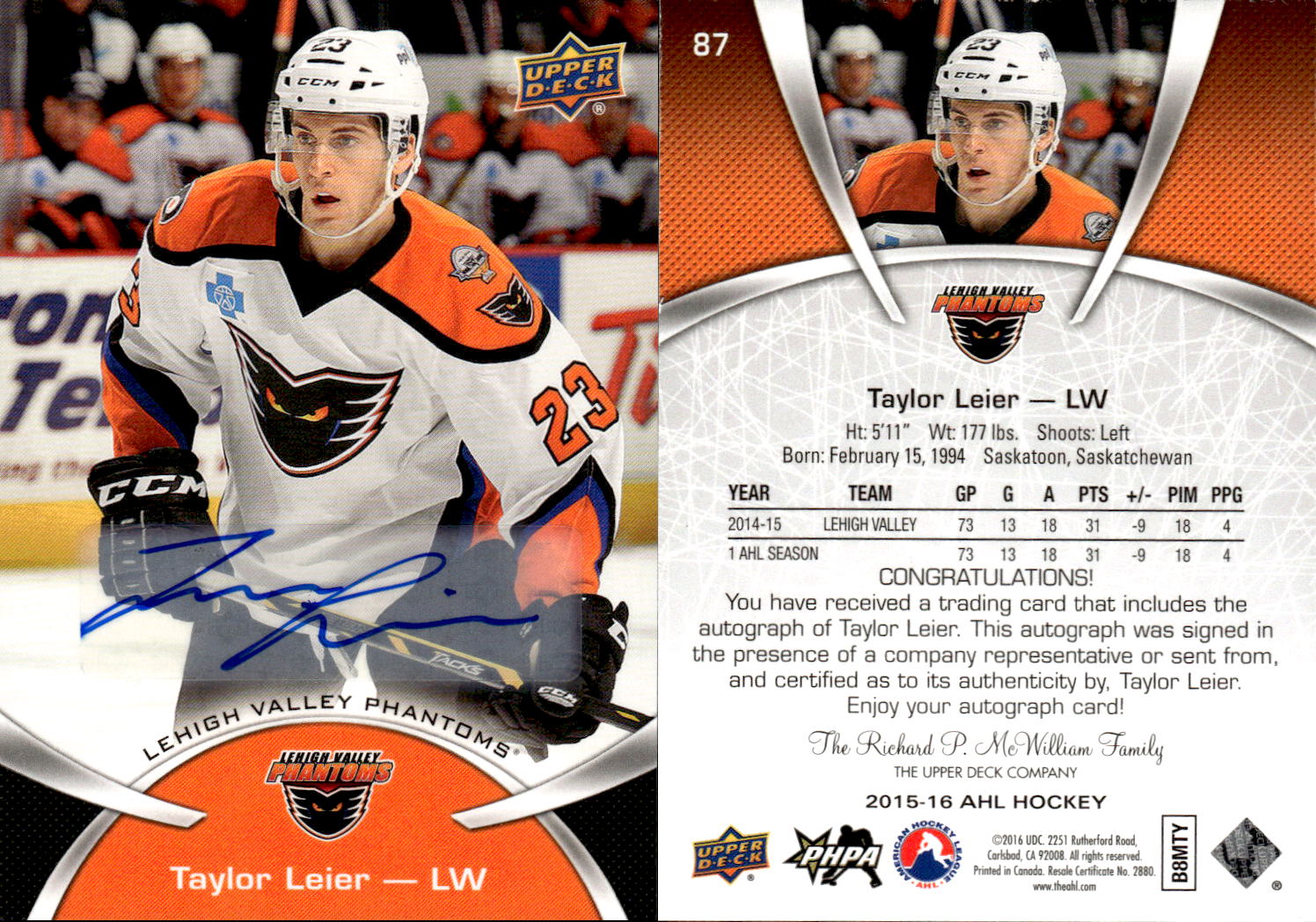 2015-16 Upper Deck AHL Autographs #87 Taylor Leier