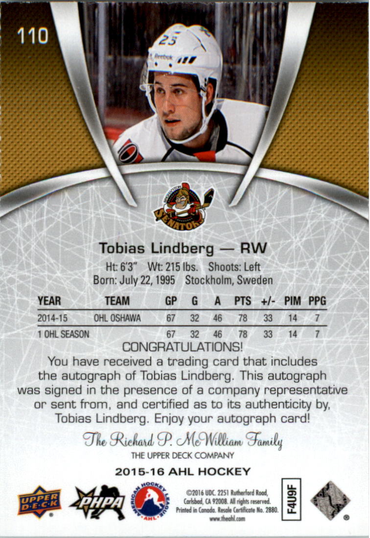 2015-16 Upper Deck AHL Autographs #110 Tobias Lindberg back image