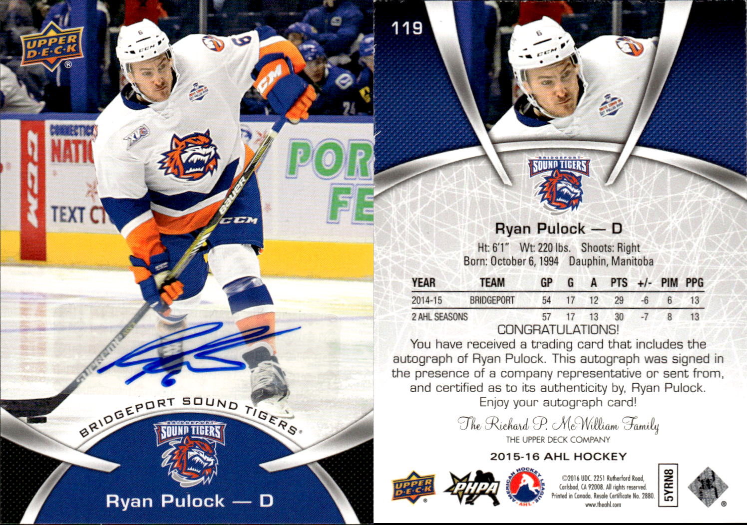 2015-16 Upper Deck AHL Autographs #119 Ryan Pulock