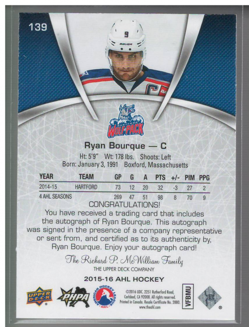 2015-16 Upper Deck AHL Autographs #139 Ryan Bourque back image