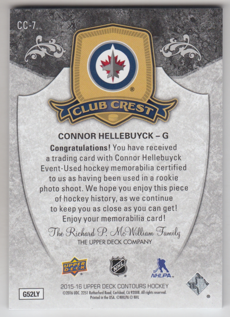 2015-16 Upper Deck Contours Club Crest Jerseys #CC7 Connor Hellebuyck C
