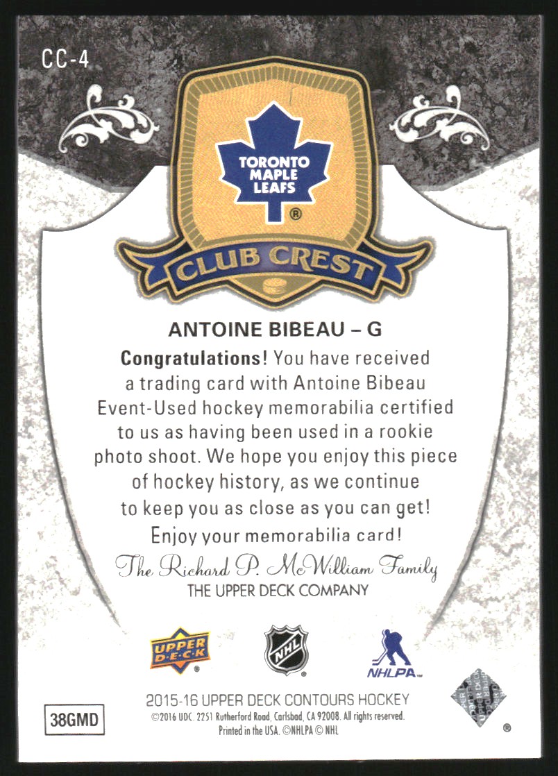 2015-16 Upper Deck Contours Club Crest Jerseys Patch #CC4 Antoine Bibeau