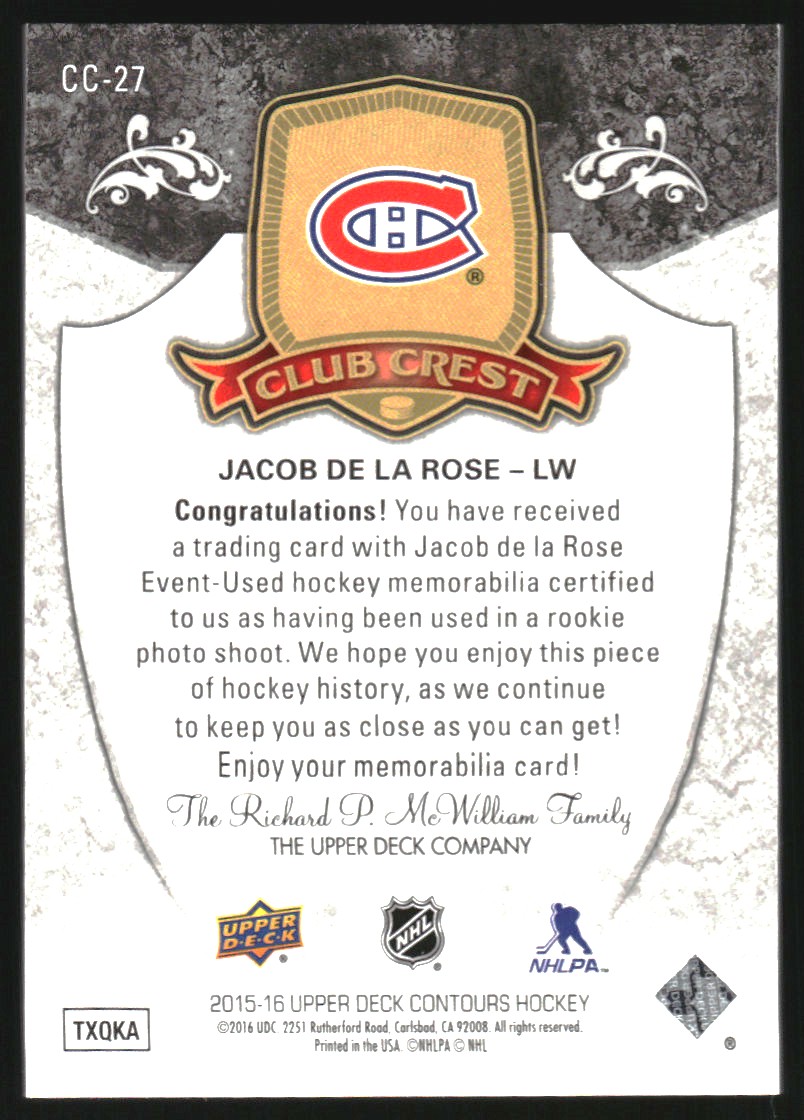 2015-16 Upper Deck Contours Club Crest Jerseys Patch #CC27 Jacob de la Rose