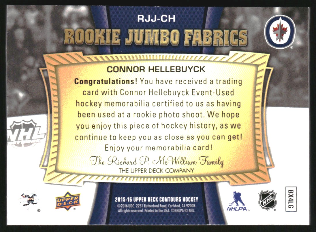 2015-16 Upper Deck Contours Rookie Jumbo Fabrics #RJJCH Connor Hellebuyck C
