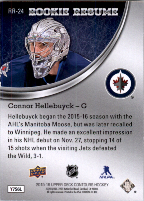 2015-16 Upper Deck Contours Rookie Resume #RR24 Connor Hellebuyck
