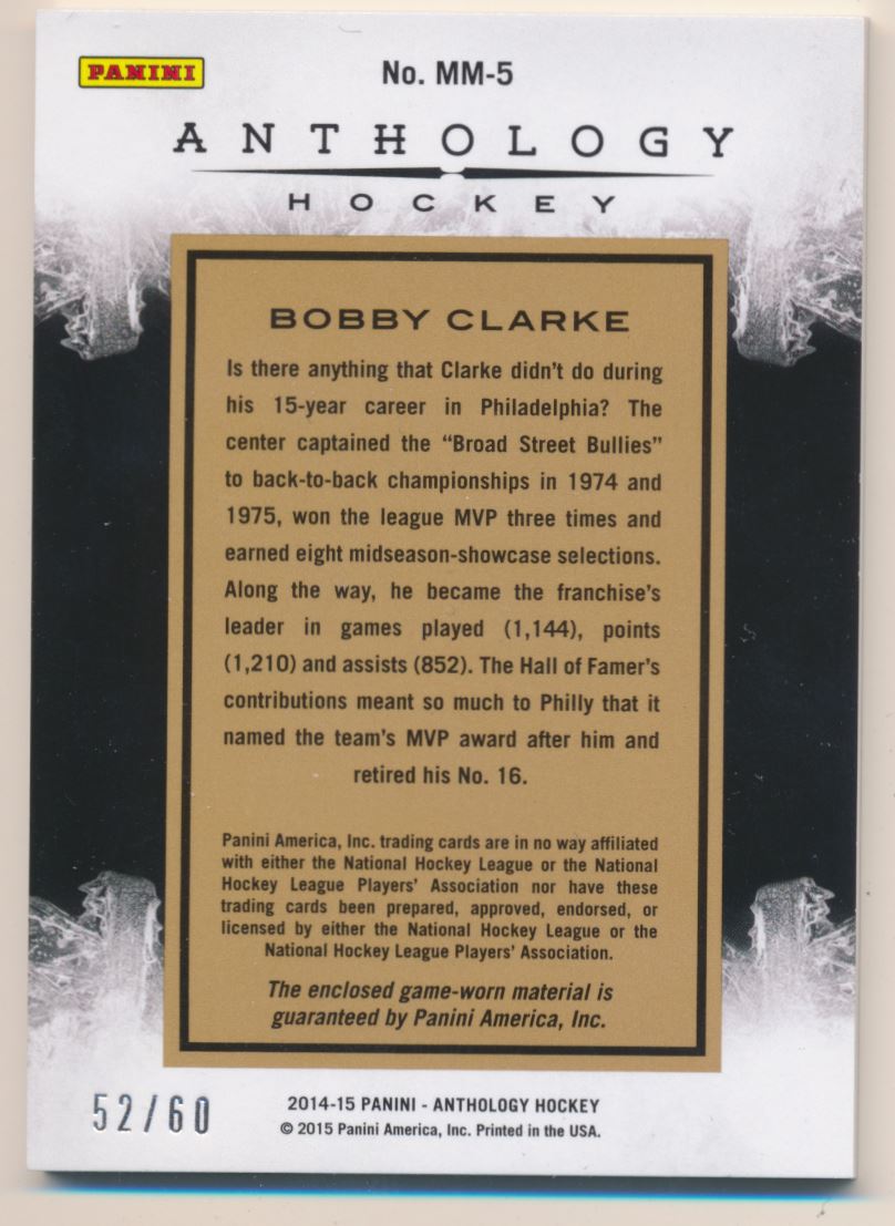 2015-16 Panini Anthology Massive Materials Prime #5 Bobby Clarke/60 back image