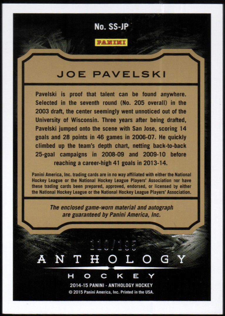 2015-16 Panini Anthology Sizeable Jersey Signatures #31 Joe Pavelski/195 back image