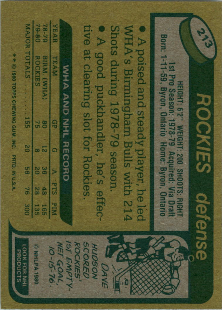 1980-81 Topps #213 Rob Ramage RC back image