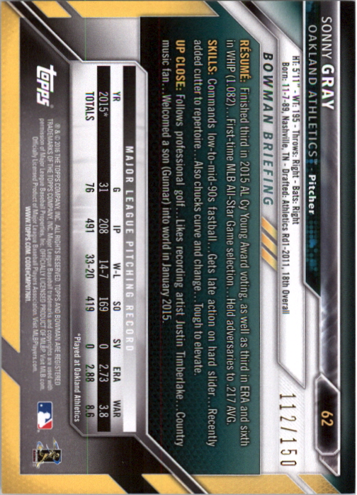 2016 Bowman Blue #62 Sonny Gray back image