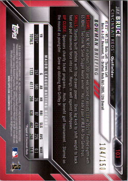 2016 Bowman Blue #103 Jay Bruce back image