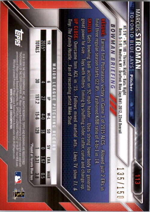 2016 Bowman Blue #113 Marcus Stroman back image