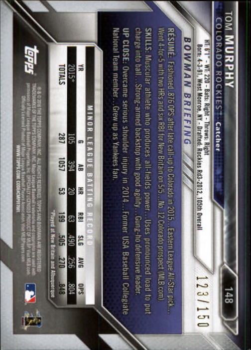 2016 Bowman Blue #148 Tom Murphy back image