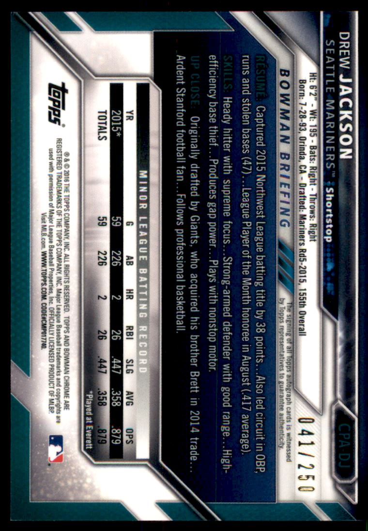 2016 Bowman Chrome Prospect Autographs Purple Refractors #CPADJ Drew Jackson