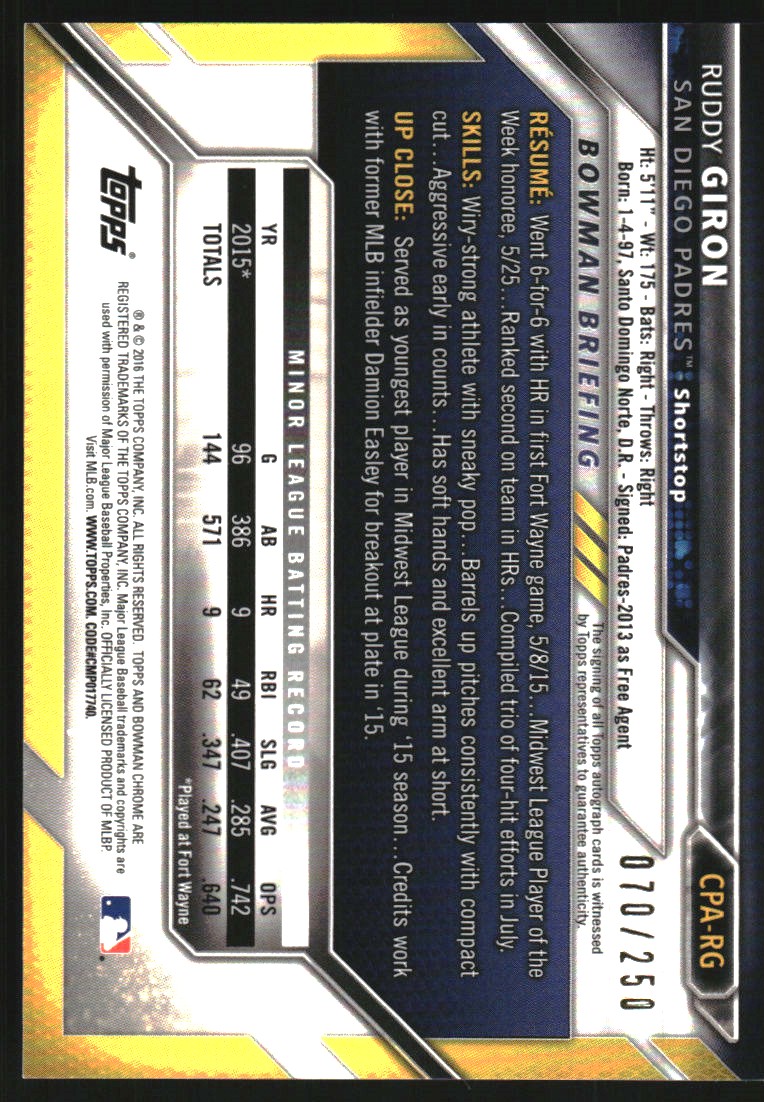 2016 Bowman Chrome Prospect Autographs Purple Refractors #CPARG Ruddy Giron