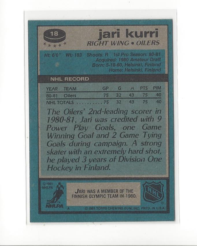 1981-82 Topps #18 Jari Kurri RC back image