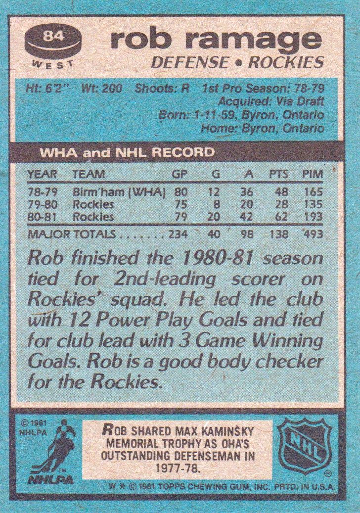 1981-82 Topps #W84 Rob Ramage back image