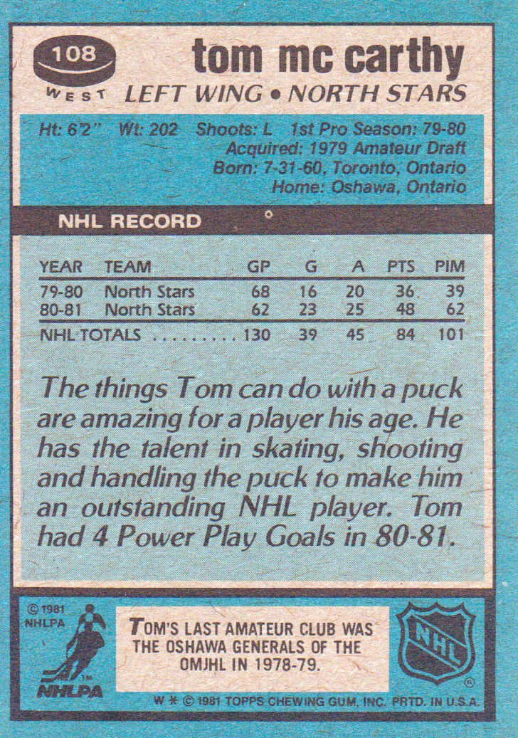 1981-82 Topps #W108 Tom McCarthy back image