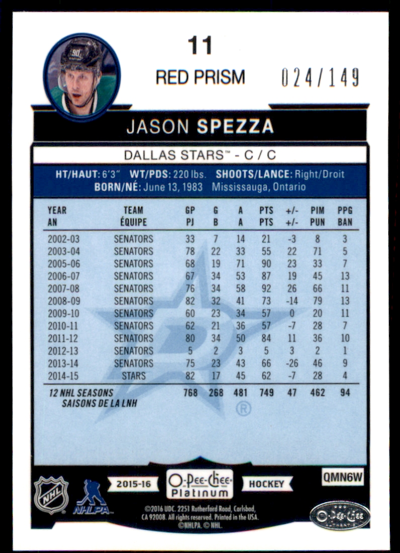 2015-16 O-Pee-Chee Platinum Red Prism #11 Jason Spezza back image